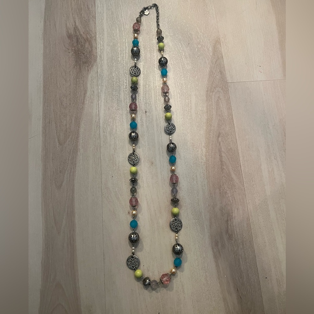 RJ Graziano Silver Tone Green & Pink Bead Necklace